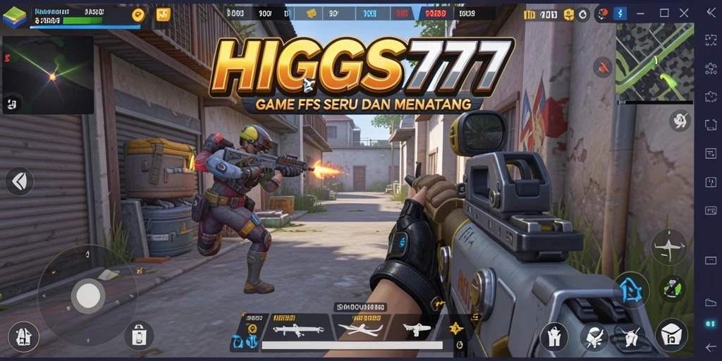 Screenshot gameplay HIGGS777 menampilkan aksi tembak-menembak yang intens di berbagai peta.