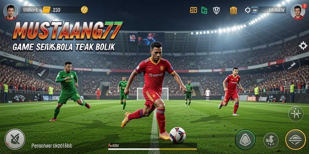 Tampilan gameplay seru dalam MUSTANG77 yang menampilkan aksi sepak bola.
