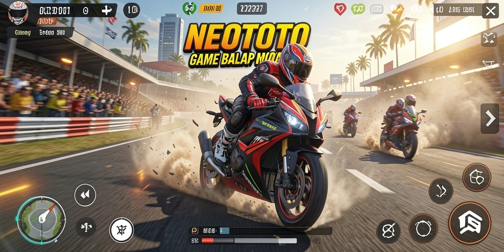 Screenshot gameplay NEOTOTO dengan aksi balap motor yang seru.