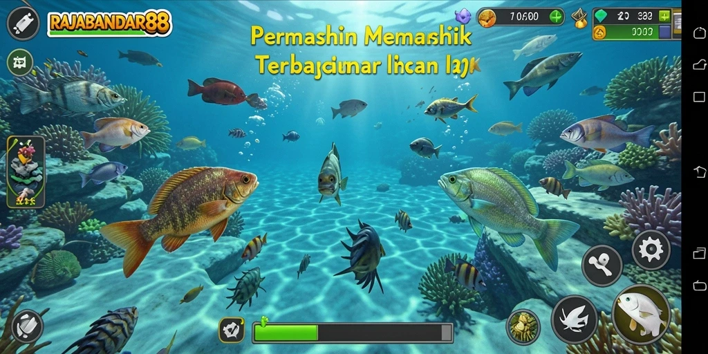 Tampilan gameplay RAJABANDAR88 saat memancing di lautan lepas.