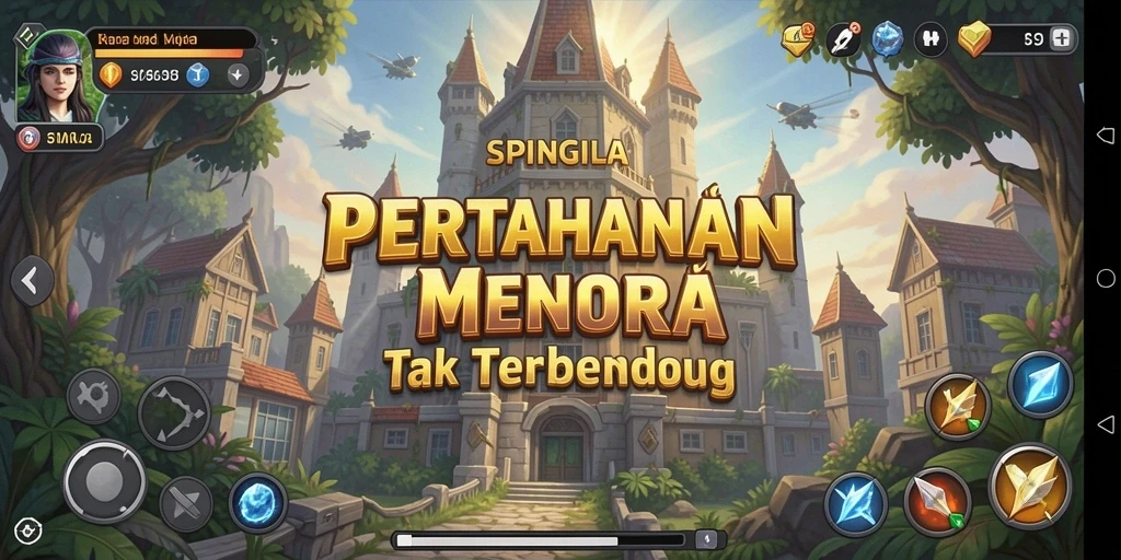 Tangkapan layar permainan SPINGILA yang menunjukkan pertahanan menara yang strategis.